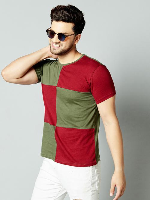 maroon color block cut & sew t-shirt - 17383367 - Very Small Image - 1