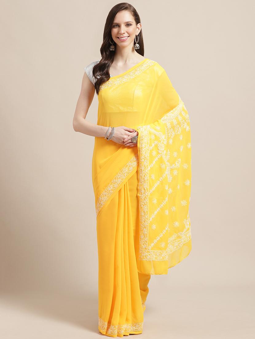 solid chikankari saree with blouse - 17395658 - Zoom Image - 1