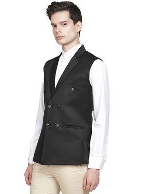 black solid double breast waist coat - 17396097 - Standard Image - 2