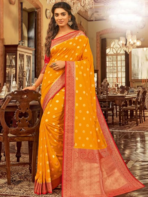 mustard chanderi saree with blouse - 17397763 - Standard Image - 1