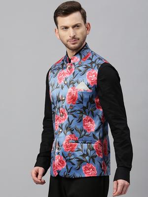 blue floral print nehru jacket - 17397952 - Standard Image - 2