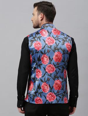 blue floral print nehru jacket - 17397952 - Standard Image - 3