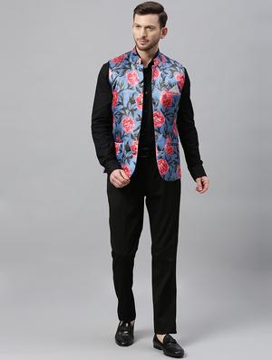 blue floral print nehru jacket - 17397952 - Standard Image - 4