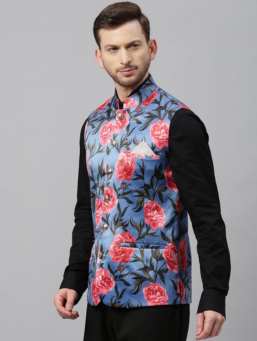 blue floral print nehru jacket - 17397952 - Zoom Image - 2