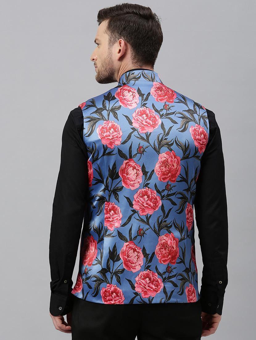 blue floral print nehru jacket - 17397952 - Zoom Image - 3