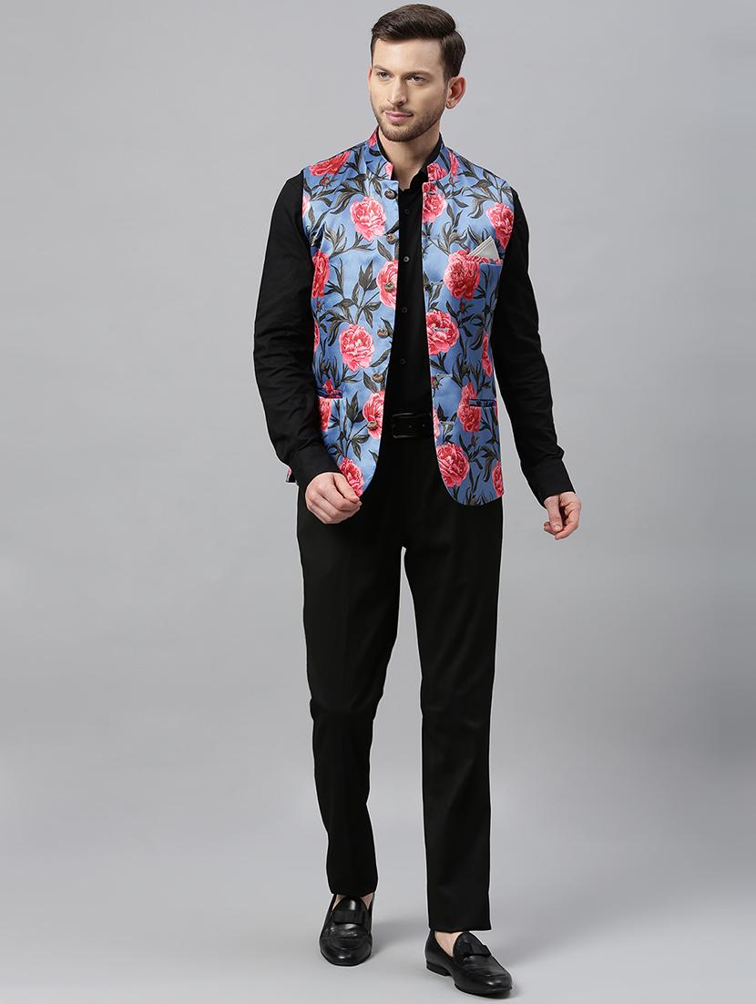 blue floral print nehru jacket - 17397952 - Zoom Image - 4