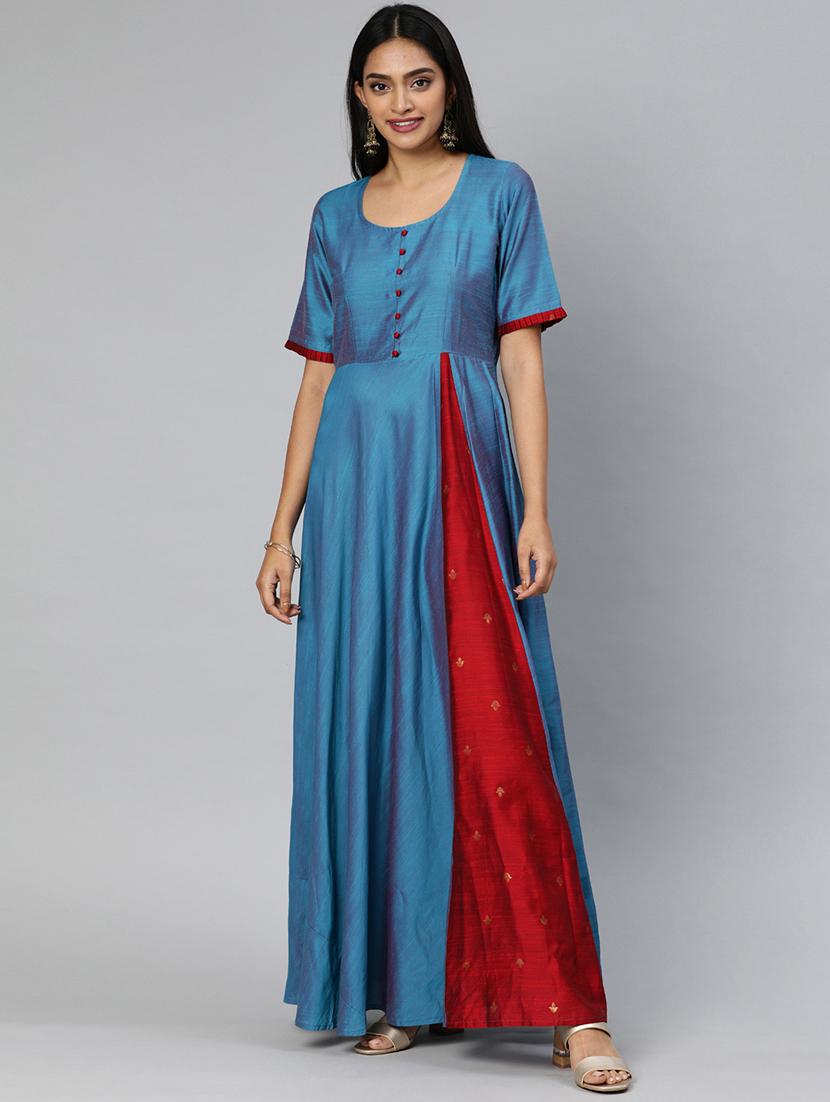 solid contrast flared kurta - 17398436 - Zoom Image - 1