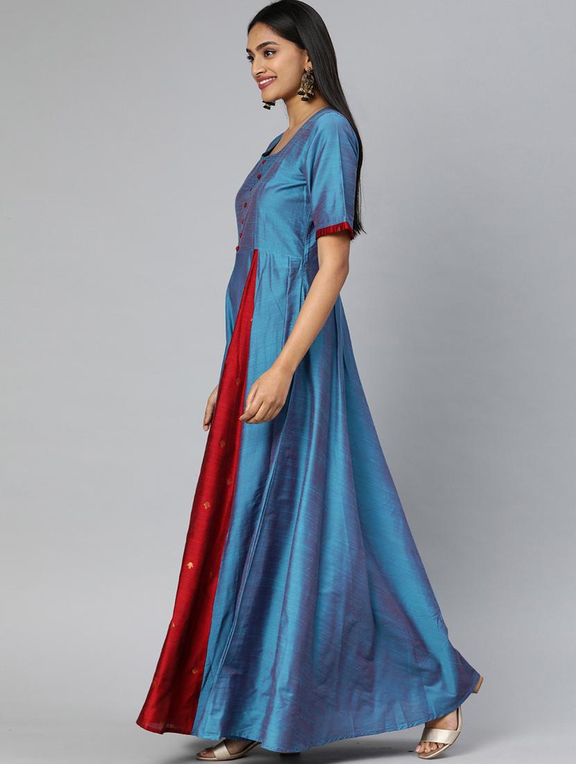solid contrast flared kurta - 17398436 - Zoom Image - 2