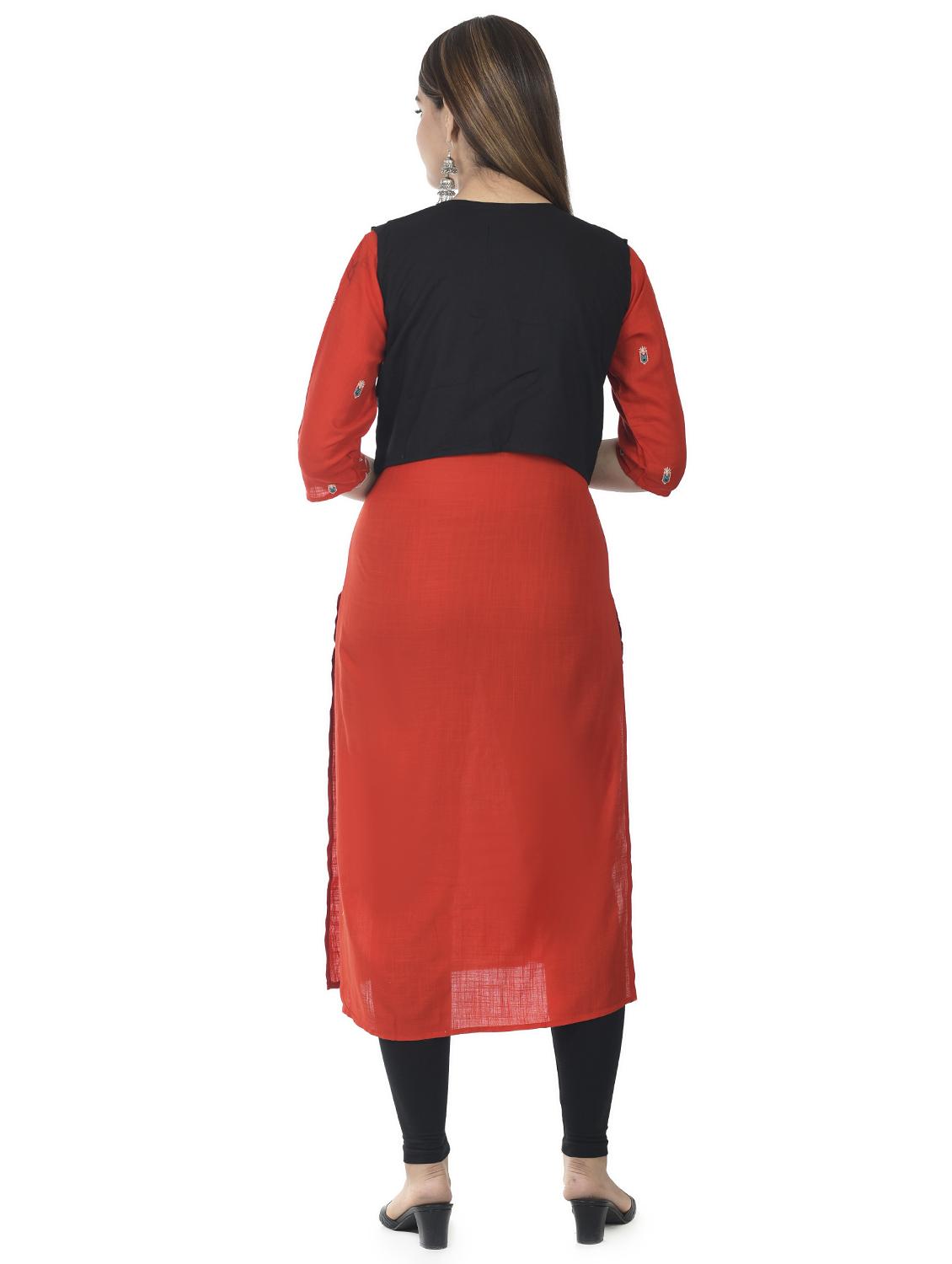 solid straight kurta with embroidered jacket - 17398627 - Zoom Image - 3