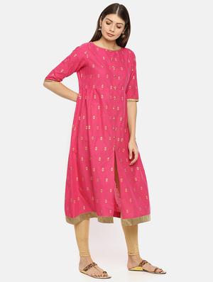 gold printed flared kurta - 17398825 - Standard Image - 2