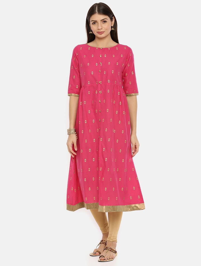 gold printed flared kurta - 17398825 - Zoom Image - 1