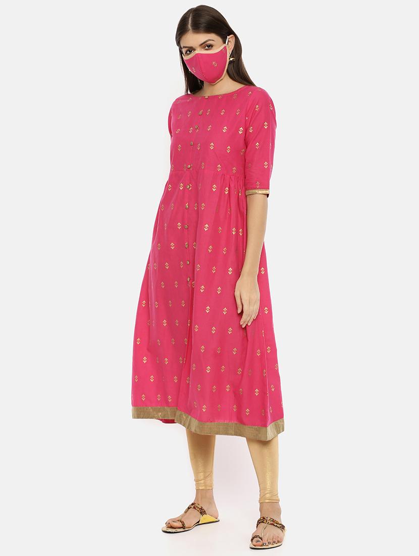 gold printed flared kurta - 17398825 - Zoom Image - 4