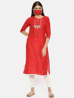 yoke embroidered straight kurta with face mask - 17398840 - Standard Image - 4