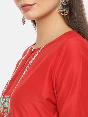 yoke embroidered straight kurta with face mask - 17398840 - Standard Image - 5