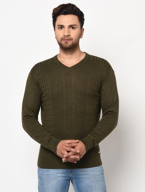 olive green self design pullover - 17399352 - Standard Image - 1