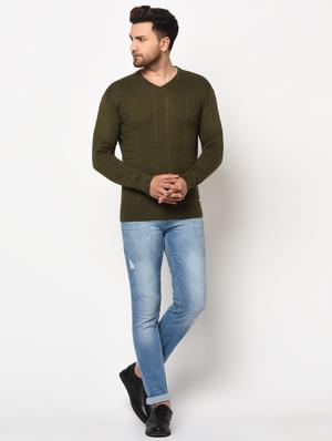 olive green self design pullover - 17399352 - Standard Image - 4