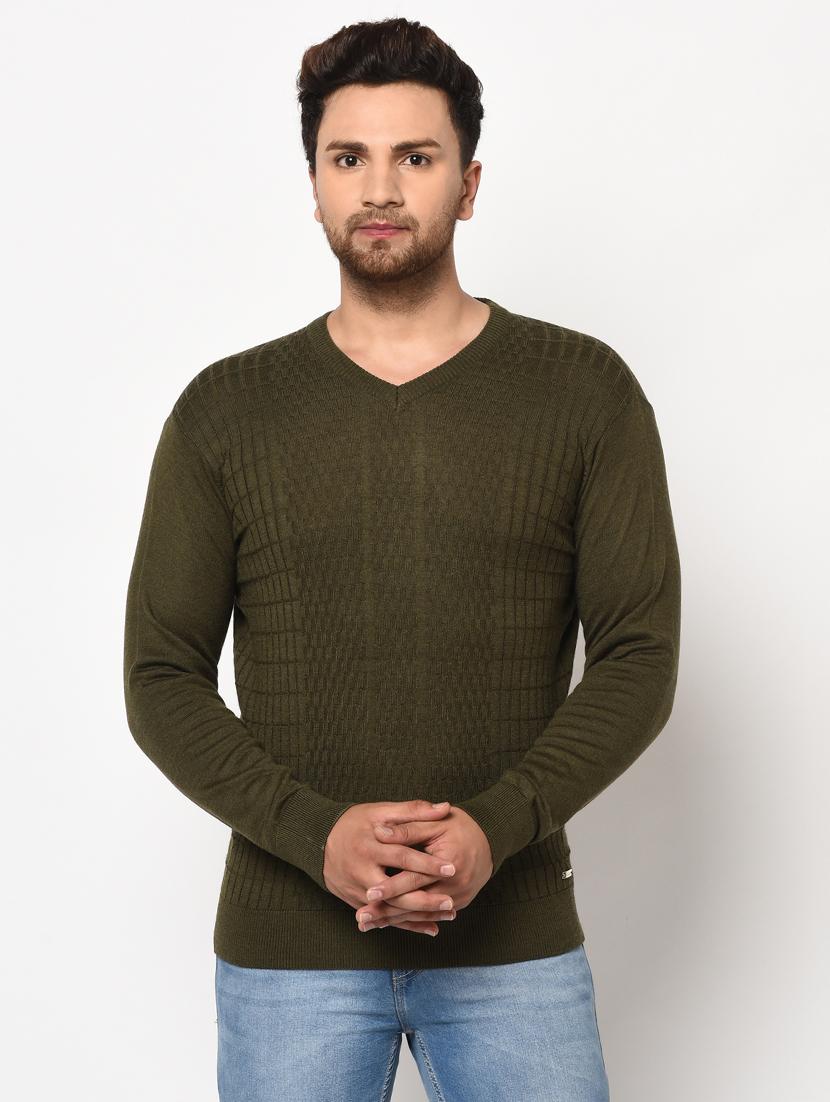 olive green self design pullover - 17399352 - Zoom Image - 1