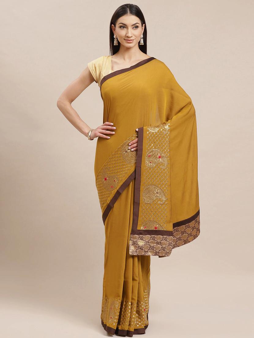 mustard georgette embroidered saree with blouse - 17399630 - Zoom Image - 1