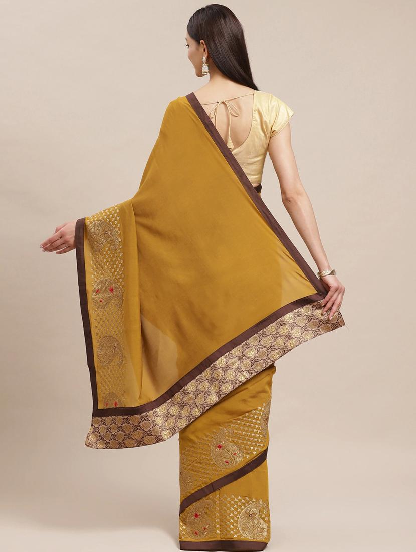 mustard georgette embroidered saree with blouse - 17399630 - Zoom Image - 2