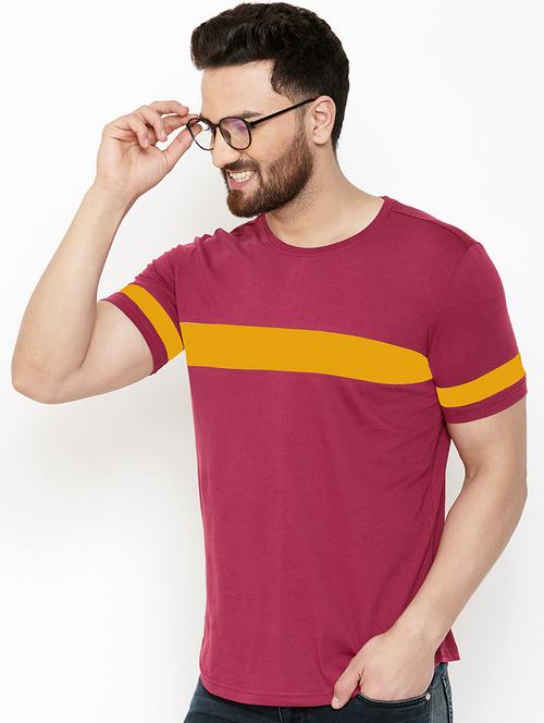 maroon color block cut & sew t-shirt - 17399819 - Standard Image - 1