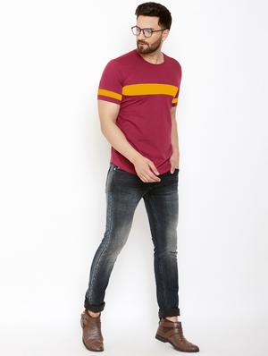 maroon color block cut & sew t-shirt - 17399819 - Standard Image - 4