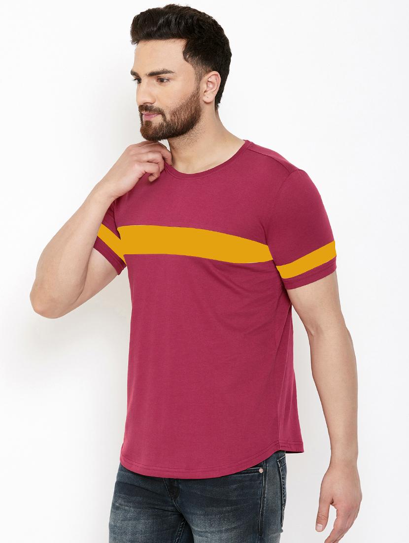 maroon color block cut & sew t-shirt - 17399819 - Zoom Image - 2