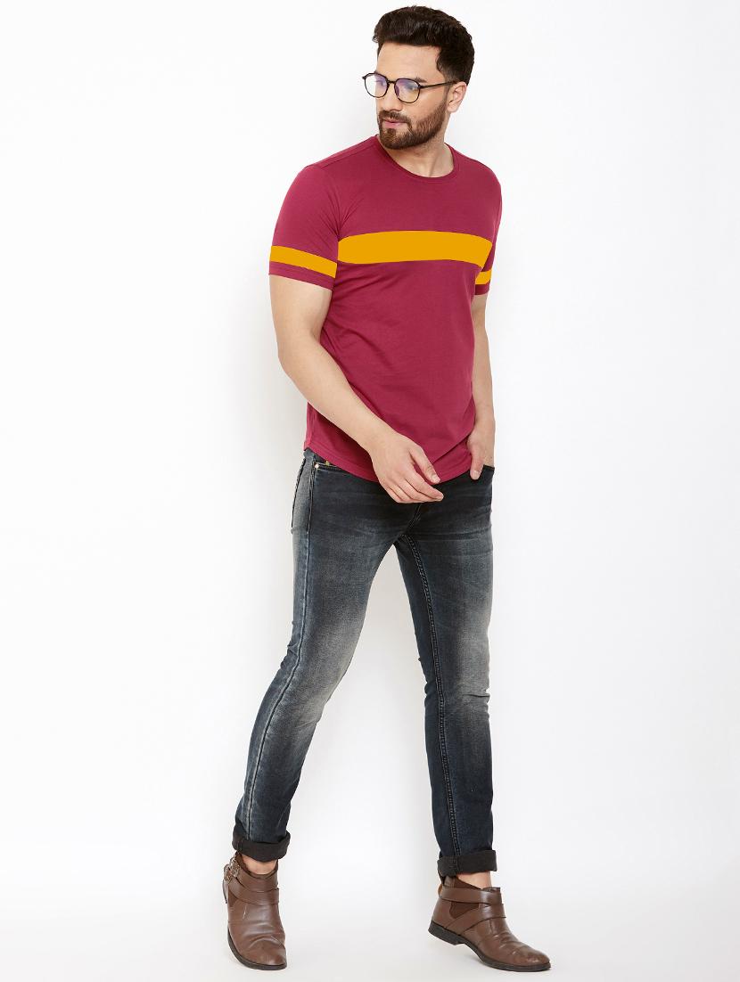 maroon color block cut & sew t-shirt - 17399819 - Zoom Image - 4