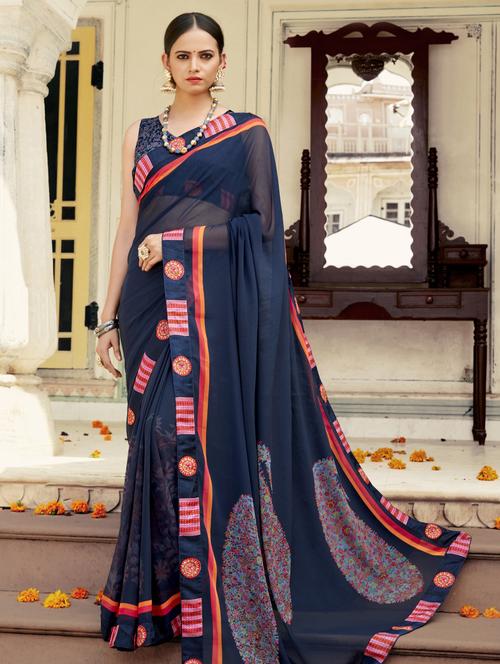 navy georgette printed saree with blouse - 17401103 - Standard Image - 1