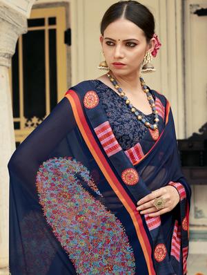 navy georgette printed saree with blouse - 17401103 - Standard Image - 2