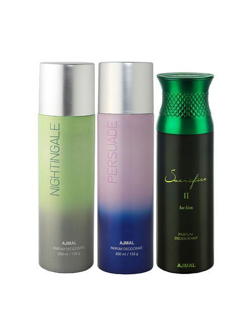 ajmal nightingale and persuade for unisex and sacrifice ii for men deodorants combo pack of 3 (total 600ml) + 3 testers - 17404237 - Standard Image - 1