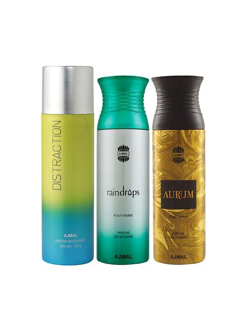 ajmal 1 distraction for unisex, 1 raindrops for women, 1 aurum for women deodorants combo pack of 3 (total 600ml) + 3 testers - 17404419 - Very Small Image - 1