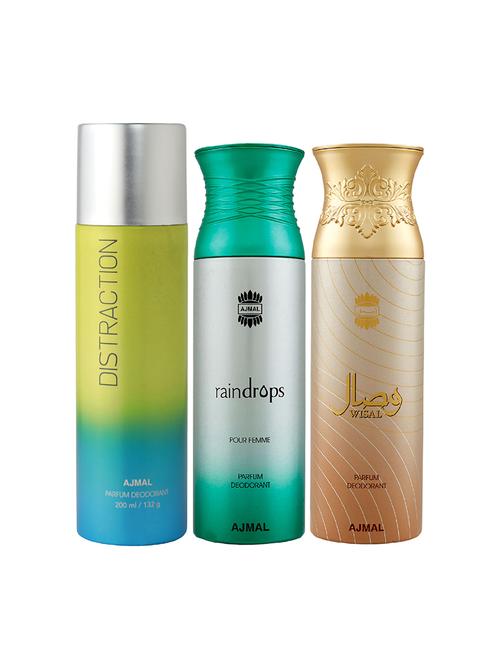 ajmal 1 distraction for unisex, 1 raindrops for women, 1 wisal for women deodorants combo pack of 3 (total 600ml) + 3 testers - 17404427 - Very Small Image - 1