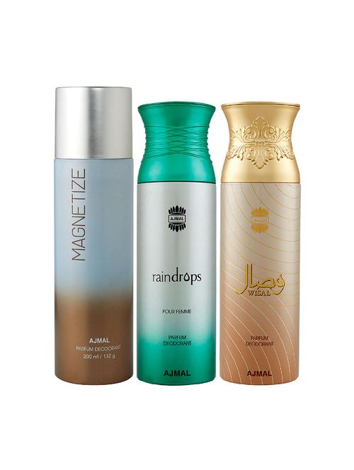 ajmal 1 magnetize for unisex, 1 raindrops for women and 1 wisal for women deodorants combo pack of 3(total 600ml)+3 testers - 17404436 - Standard Image - 1