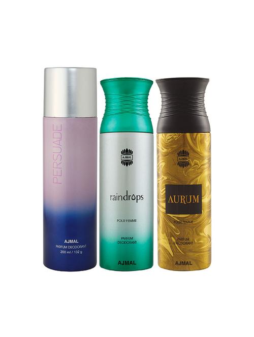 ajmal 1 persuade for unisex, 1 raindrops for women and 1 aurum for women deodorants combo pack of 3 (total 600ml) + 3 testers - 17404437 - Standard Image - 1