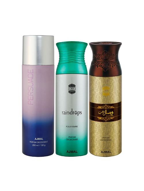 ajmal 1 persuade for unisex, 1 raindrops for women, 1 wisal dhahab for men deodorants combo pack of 3(total 600ml)+3 testers - 17404444 - Standard Image - 1