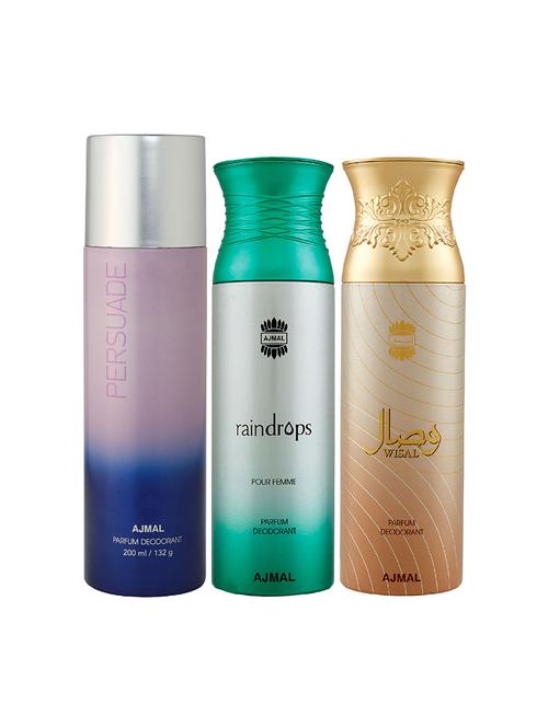 ajmal 1 persuade for unisex, 1 raindrops for women and 1 wisal for women deodorants combo pack of 3 (total 600ml) + 3 testers - 17404445 - Very Small Image - 1
