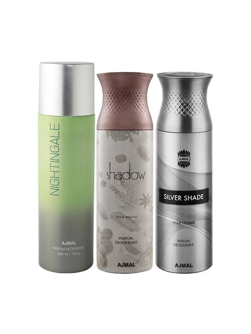 ajmal 1 nightingale for unisex,1 ajmal shadow for men,1 silver shade for men deodorant combo pack of 3(total 600ml)+3 testers - 17404566 - Standard Image - 1