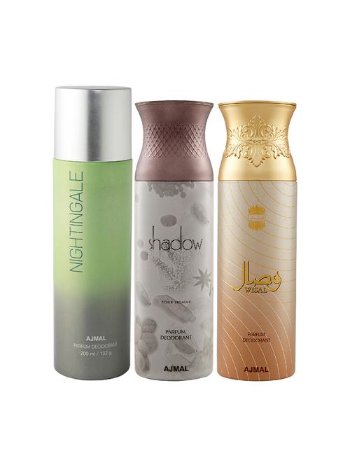ajmal 1 nightingale for unisex, 1 ajmal shadow for men, 1 wisal for women deodorants combo pack of 3(total 600ml)+3 testers - 17404568 - Standard Image - 1
