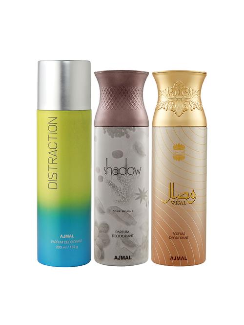 ajmal 1 distraction for unisex, 1 ajmal shadow for men, 1 wisal for women deodorants combo pack of 3(total 600ml)+3 testers - 17404571 - Standard Image - 1