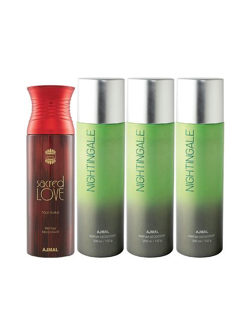 ajmal 1 sacred love for women and 3 nightingale for unisex deodorants each 200ml combo pack of 4 (total 800ml) + 3 testers - 17404590 - Standard Image - 1