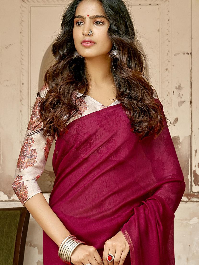 magenta cotton plain saree with blouse - 17406328 - Zoom Image - 2