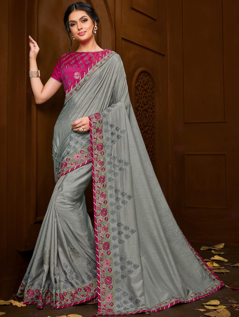 solid embroidered saree with blouse - 17407009 - Zoom Image - 1