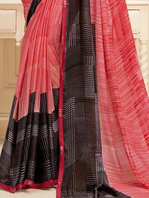 contrast printed saree with blouse - 17407044 - Standard Image - 2