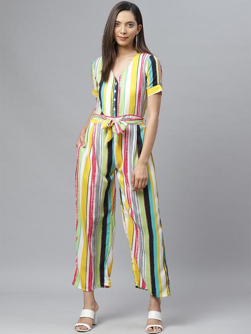 tie front striped full leg jumpsuit - 17407160 - Very Small Image - 1