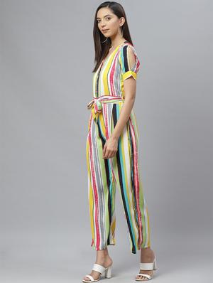 tie front striped full leg jumpsuit - 17407160 - Standard Image - 2
