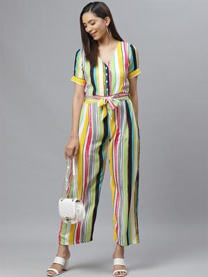 tie front striped full leg jumpsuit - 17407160 - Standard Image - 4