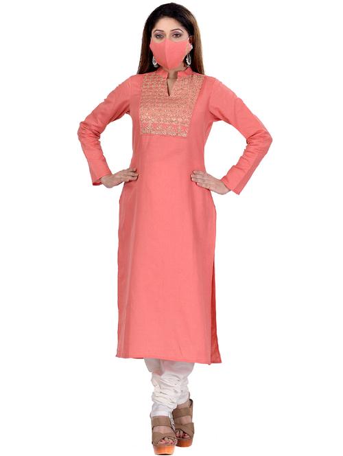 yoke zari embroidered straight kurta with face mask - 17411396 - Standard Image - 1