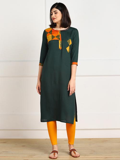 patchwork solid straight kurta - 17411499 - Standard Image - 1