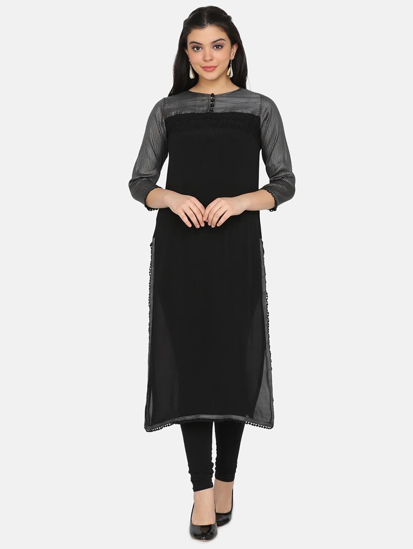 black straight kurta - 17412140 - Zoom Image - 1
