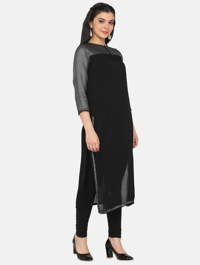 black straight kurta - 17412140 - Zoom Image - 2